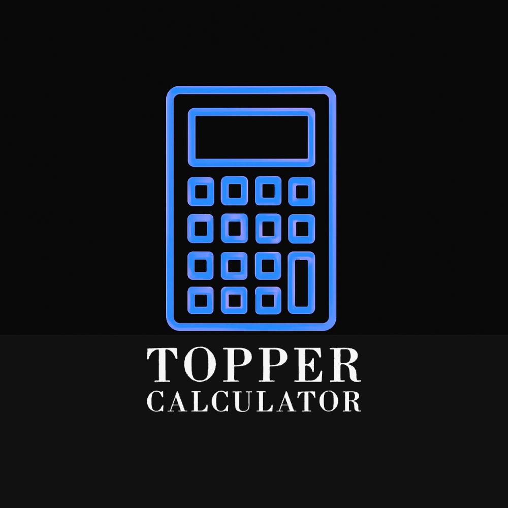 Logo of Topper Calculator featuring a glowing blue calculator icon above the text 'Topper Calculator' on a black background.